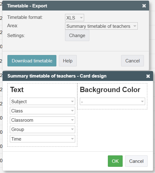 aSc export settings: XLS, Summary timetable of teachers; five card fields and no background colour.
